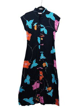 Serendipity Black Floral Mandarin-Collar Maxi Dress Frog Button Closures Size L